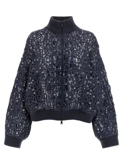 Brunello Cucinelli Dazzling Croc Embroidery Sweaters And Cardigans Blue