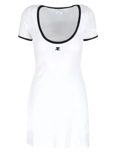 Courrèges Ribbed Cotton Mini Dress With Logo Embroidery In White