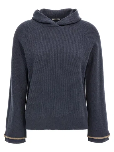 Brunello Cucinelli Ribbed Texture Hooded Sweater With Long Sleeves In Blue