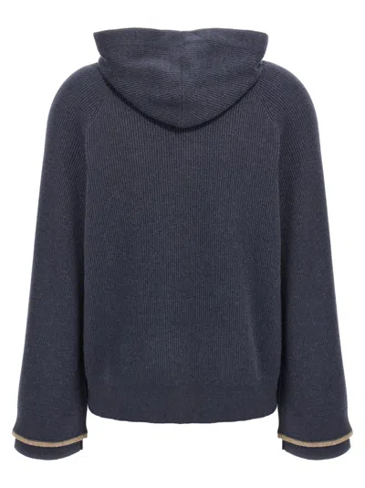 Brunello Cucinelli Ribbed Texture Hooded Sweater With Long Sleeves In Blue