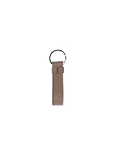 Tod's Taupe Calf Leather Keychain With Ostrich Print In Brown