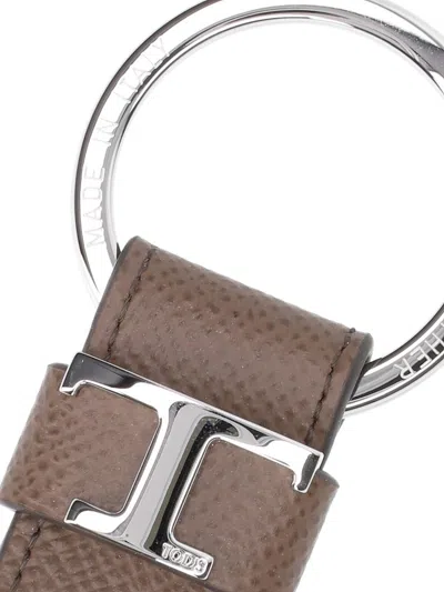 Tod's Taupe Calf Leather Keychain With Ostrich Print In Brown