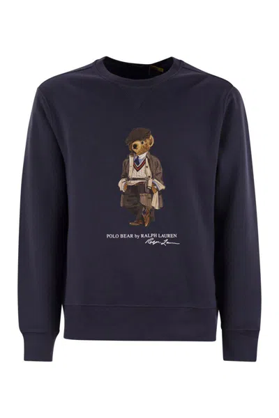 Polo Ralph Lauren Navy Blue Cotton Blend Sweatshirt With Iconic Bear Logo In Blue