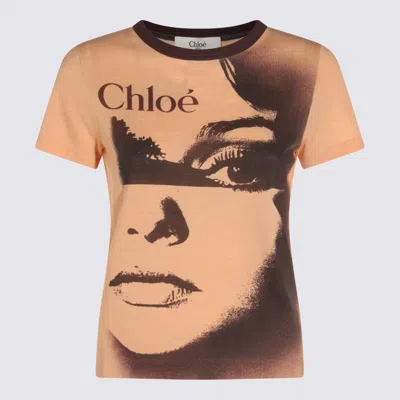 Chloé Multicolor Crewneck T-shirt With Maxi Graphic Print On The Front In Wool Blend Woman In Brown