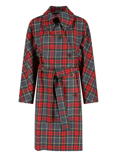 Vivienne Westwood Wool Coat Belted Waist Checkered Pattern In Gray