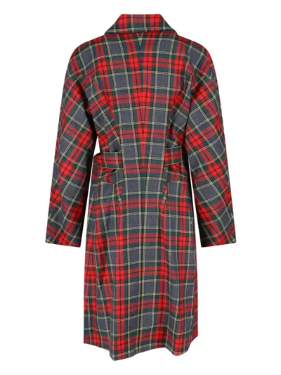 Vivienne Westwood Wool Coat Belted Waist Checkered Pattern In Gray