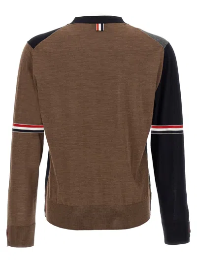 Thom Browne Navy/grey/brown Wool Cardigan In Gray