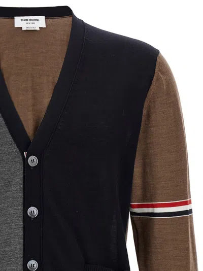 Thom Browne Navy/grey/brown Wool Cardigan In Gray