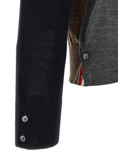 Thom Browne Navy/grey/brown Wool Cardigan In Gray