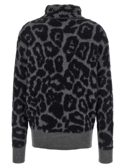 Stella Mccartney Leopard Print Turtleneck Wool Sweater In Gray