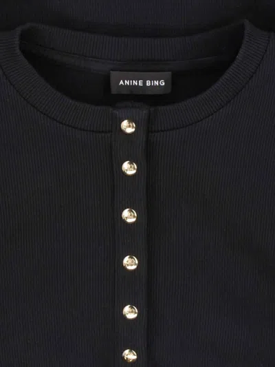 Anine Bing Ribbed Black Cotton Cardigan With Button Closure In Black