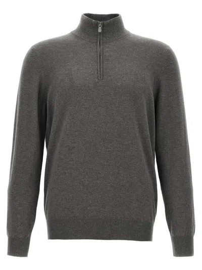 Brunello Cucinelli Half-zip High Collar Ribbed Sweater In Gray