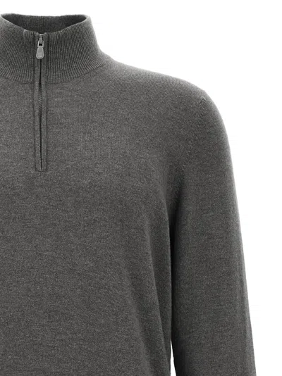 Brunello Cucinelli Half-zip High Collar Ribbed Sweater In Gray