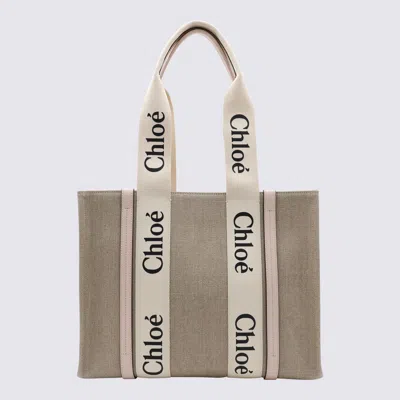 Chloé White And Pink Canvas Woody Medium Tote Bag
