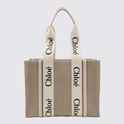 Chloé White And Pink Canvas Woody Medium Tote Bag