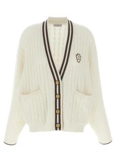 Brunello Cucinelli Cable Knit Cardigan With Patch Pockets In Neutral