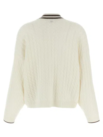 Brunello Cucinelli Cable Knit Cardigan With Patch Pockets In Neutral