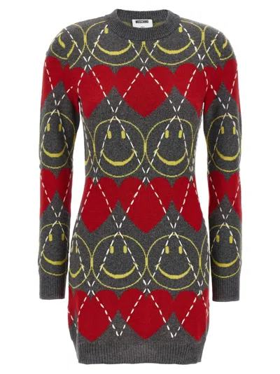 Moschino Wool Blend Mini Dress With Diamond-stitched Pattern