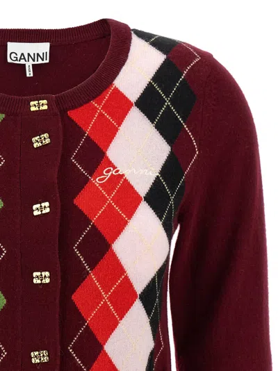 Ganni Multicolor Crewneck Cardigan With Jewel Buttons And Gemetric Motif On The Front In Multi