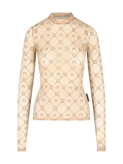 Marine Serre Moonogram Mesh Flock Top With Logo Print In Neutral