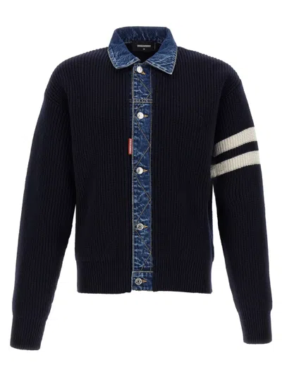 Dsquared2 Blue Cardigan With Denim Panels And Striped Details On The Sleeve In Wool And Cashmere Man In Blue