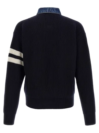 Dsquared2 Blue Cardigan With Denim Panels And Striped Details On The Sleeve In Wool And Cashmere Man In Blue