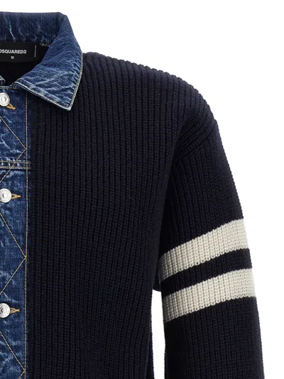 Dsquared2 Blue Cardigan With Denim Panels And Striped Details On The Sleeve In Wool And Cashmere Man In Blue