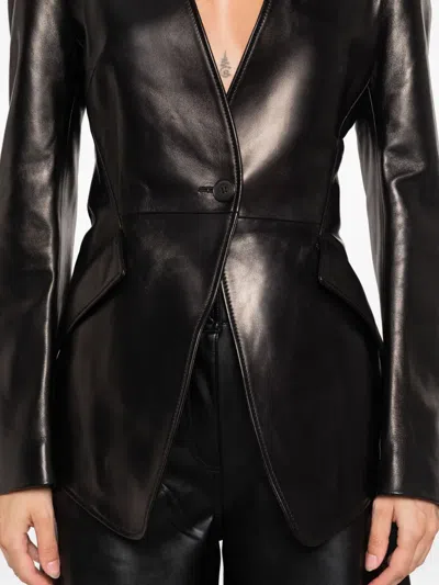 Alexander Mcqueen Single-breasted Calfskin Leather Jacket In Black