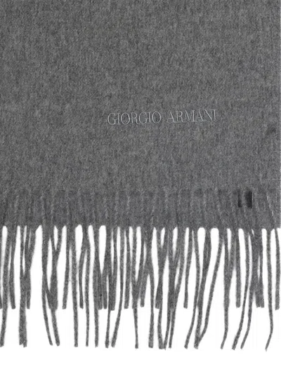 Giorgio Armani Luxe Grey Cashmere Fringed Scarf In Gray