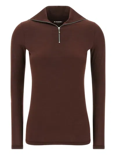 Jil Sander Half-zip T-shirt High Collar In Brown
