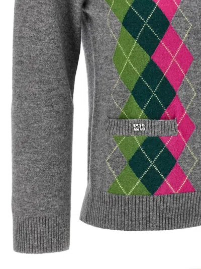 Ganni Cardigan Checkered Argyle Pattern In Gray