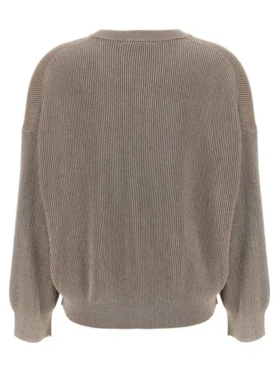 Brunello Cucinelli Ribbed Crewneck Cotton Sweater With Dropped Shoulders In Gray