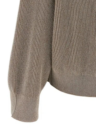 Brunello Cucinelli Ribbed Crewneck Cotton Sweater With Dropped Shoulders In Gray