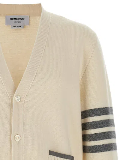 Thom Browne Wool Cardigan With Striped Sleeve Detail In Neutral