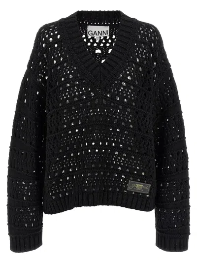Ganni Black Crochet V-neck Sweater In Black