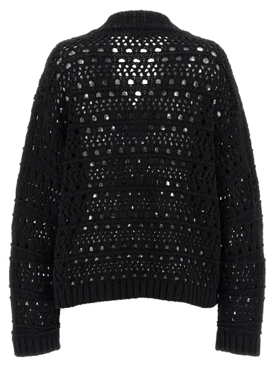 Ganni Black Crochet V-neck Sweater In Black