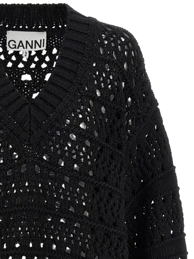 Ganni Black Crochet V-neck Sweater In Black