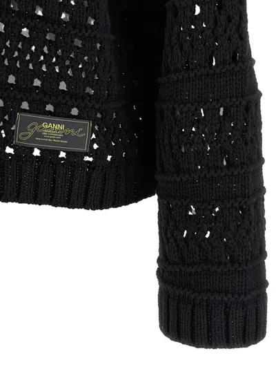 Ganni Black Crochet V-neck Sweater In Black