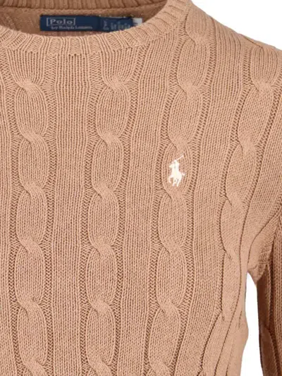 Polo Ralph Lauren Cable Knit Beige Sweater With Logo Embroidery In Nude