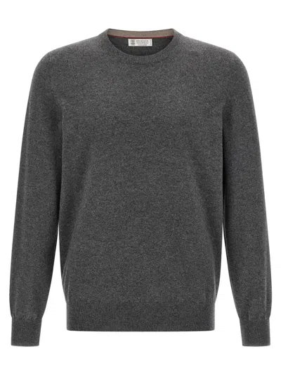 Brunello Cucinelli Cashmere Crew Neck Sweater With Ribbed Cuffs And Hem In Gray