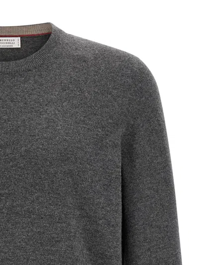 Brunello Cucinelli Cashmere Crew Neck Sweater With Ribbed Cuffs And Hem In Gray