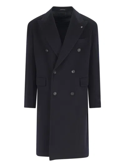 Tagliatore Black Double-breasted Coat With Four Pockets In Blue