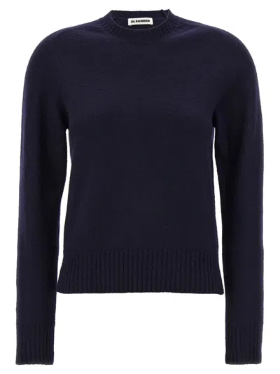 Jil Sander Crewneck Wool Sweater With Cuffed Sleeves In Blue