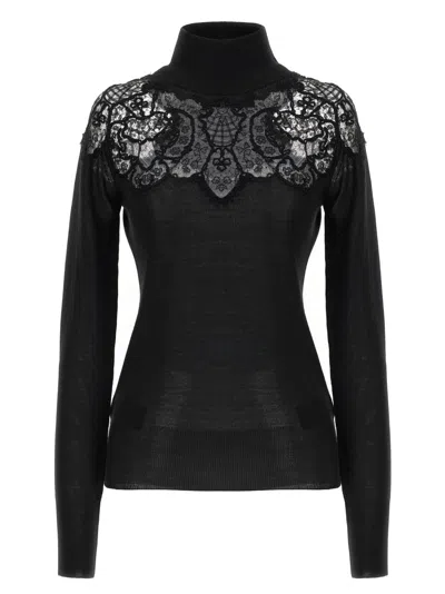 Ermanno Scervino Sheer Turtleneck Lace Sweater With Long Sleeves In Black