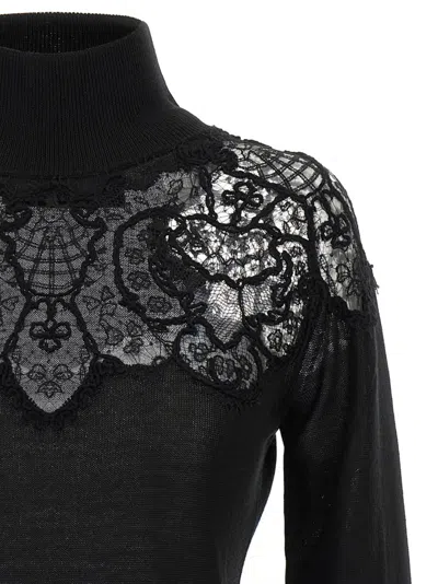 Ermanno Scervino Sheer Turtleneck Lace Sweater With Long Sleeves In Black