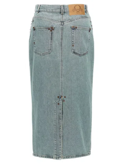 Moschino Rivets Denim Skirt With All-over Metal Details In Blue
