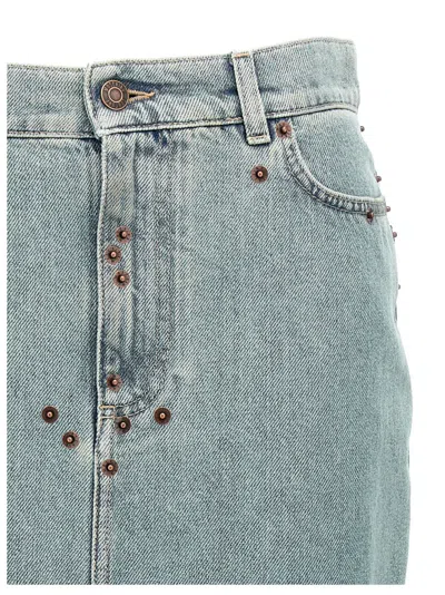 Moschino Rivets Denim Skirt With All-over Metal Details In Blue