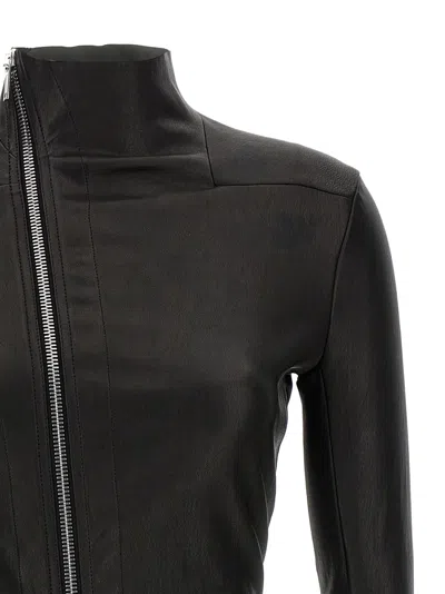 Rick Owens Asymmetric Black Stretch Leather Jacket In Black