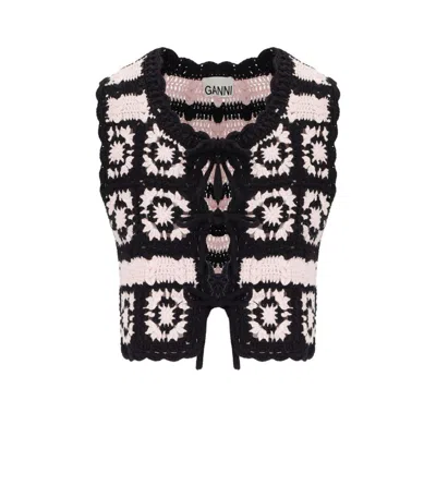 Ganni Crocheted Organic Cotton Cardigan In Black
