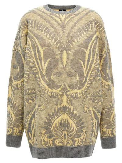 Etro 'paisley' Crew Neck Oversized Jacquard Sweater In Gray